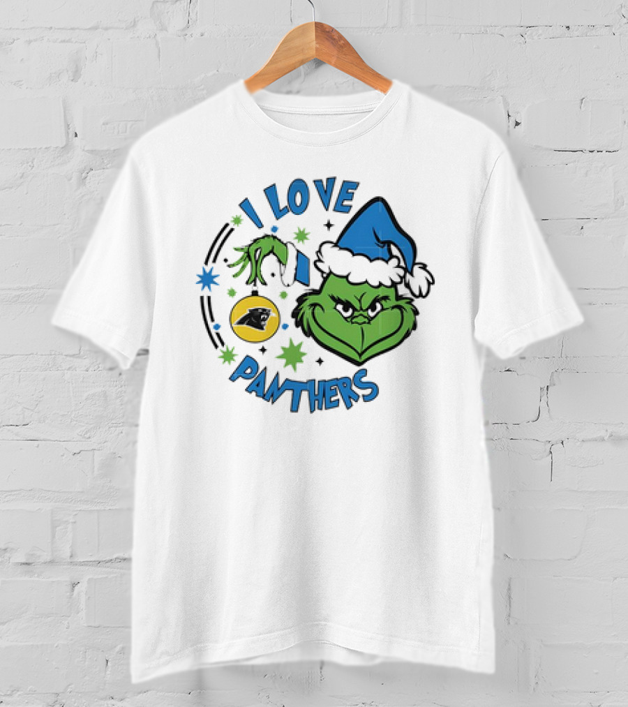 Carolina Panthers X Santa Grinch I Love Panthers Christmas Ornament Green Grinch Blue Santa Hat T-Shirt