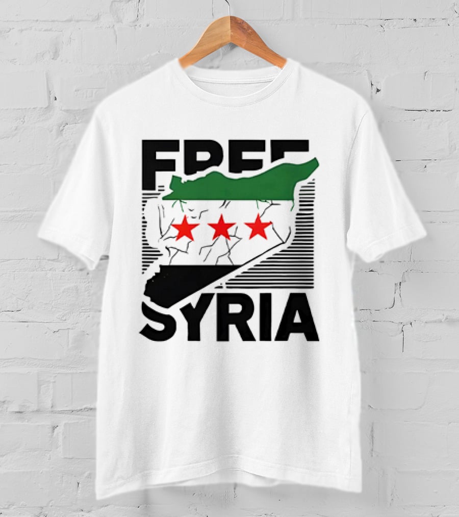 Free Syria Map With Flag Stripes And Red Stars T-Shirt