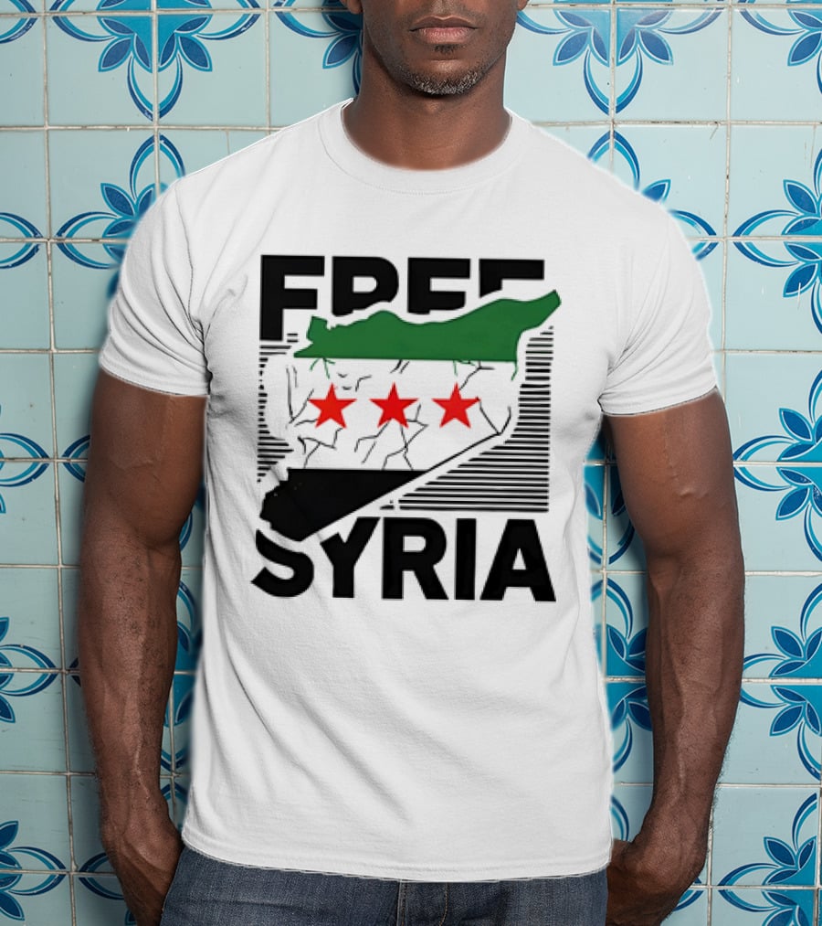 Free Syria Map With Flag Stripes And Red Stars T-Shirt