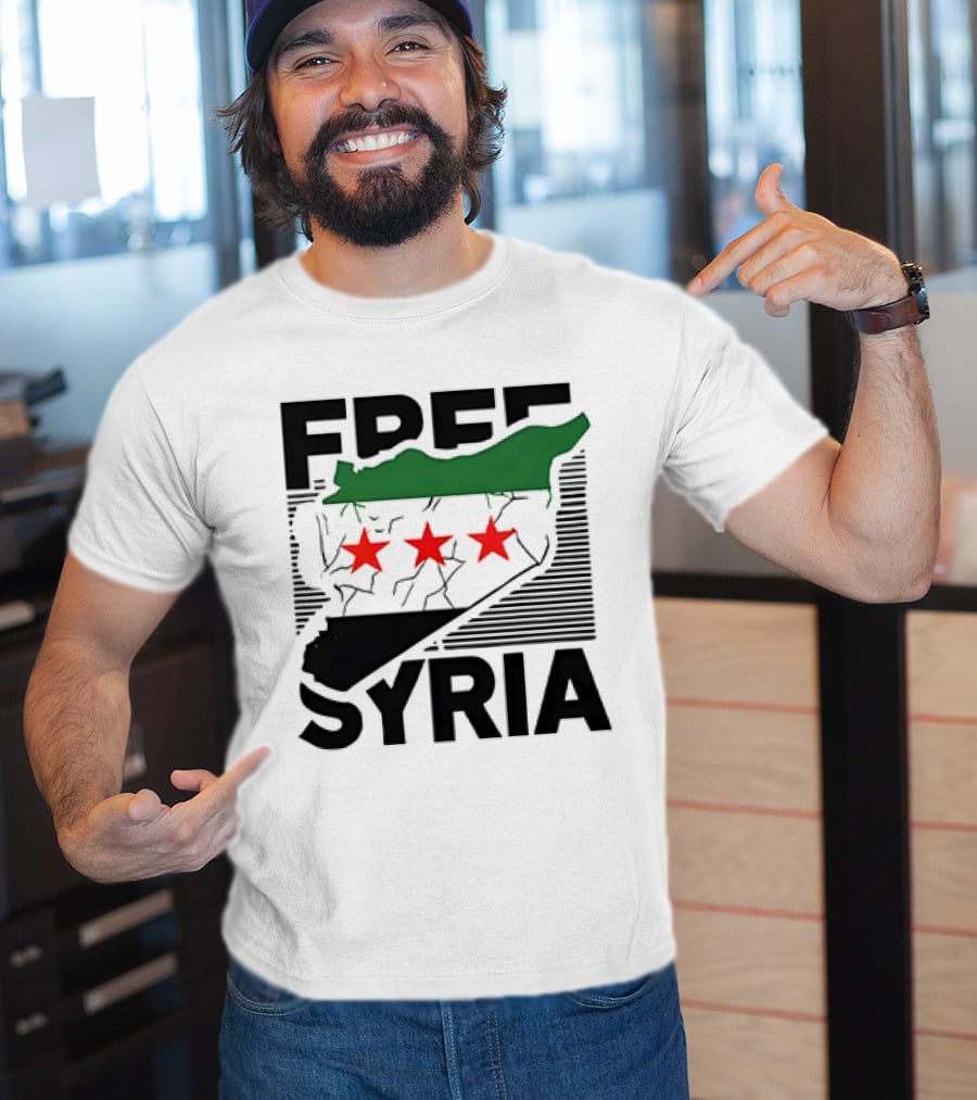 Free Syria Map With Flag Stripes And Red Stars T-Shirt