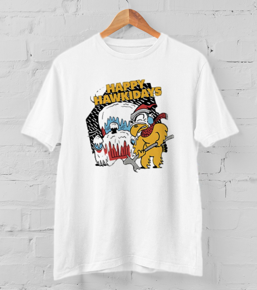 Happy Hawkidays Iowa Hawkeyes Frozen Mascot Holiday Fun T-Shirt