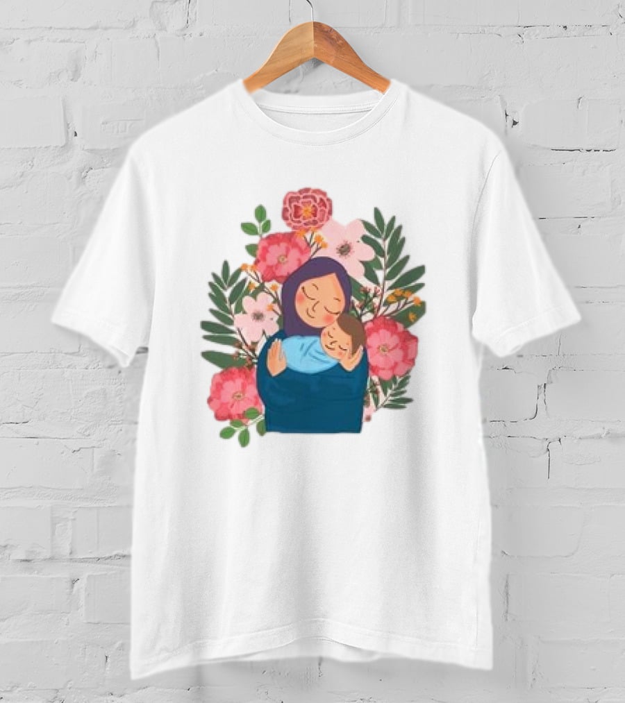 Mom And New Baby Boy Mother's Day Paint Floral Embrace T-Shirt
