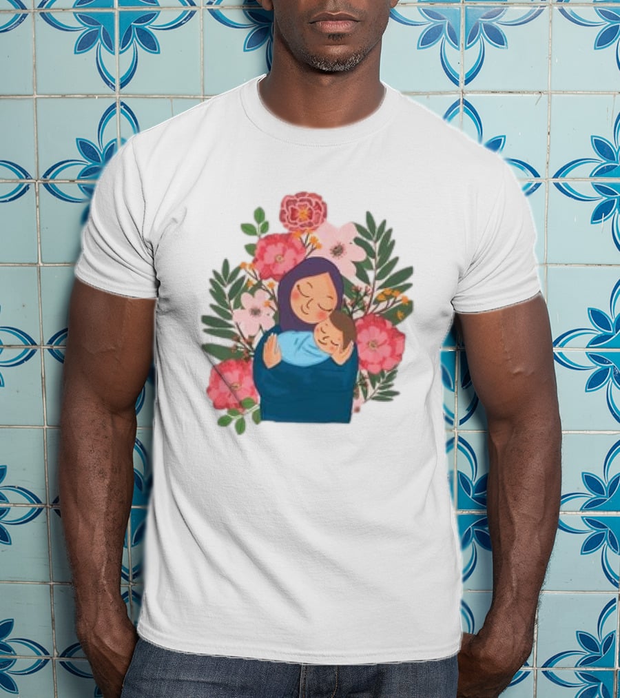 Mom And New Baby Boy Mother's Day Paint Floral Embrace T-Shirt