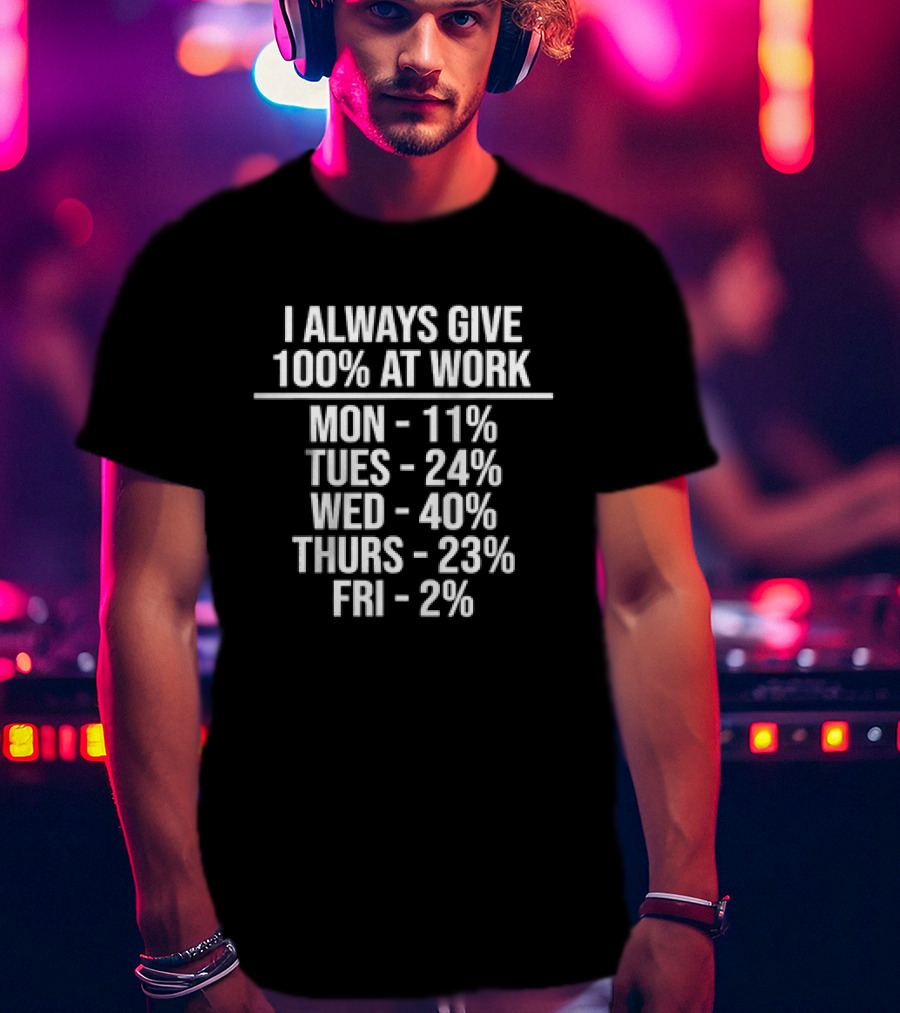 I Always Give 100 Percent At Work Monday 11 Percent Tuesday 24 Percent Wednesday 40 Percent Thursday 23 Percent Friday 2 Percent T-Shirt