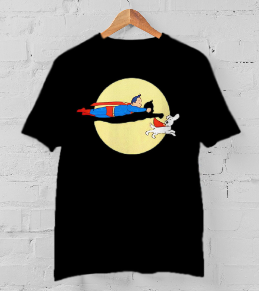Superman And Krypto X The Adventures Of Tintin Super Tintin Flying Duo Moon Background T-Shirt