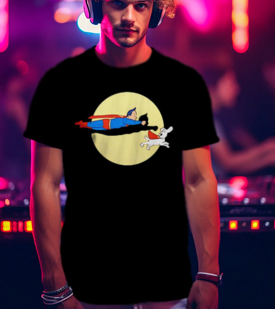 Superman And Krypto X The Adventures Of Tintin Super Tintin Flying Duo Moon Background T-Shirt