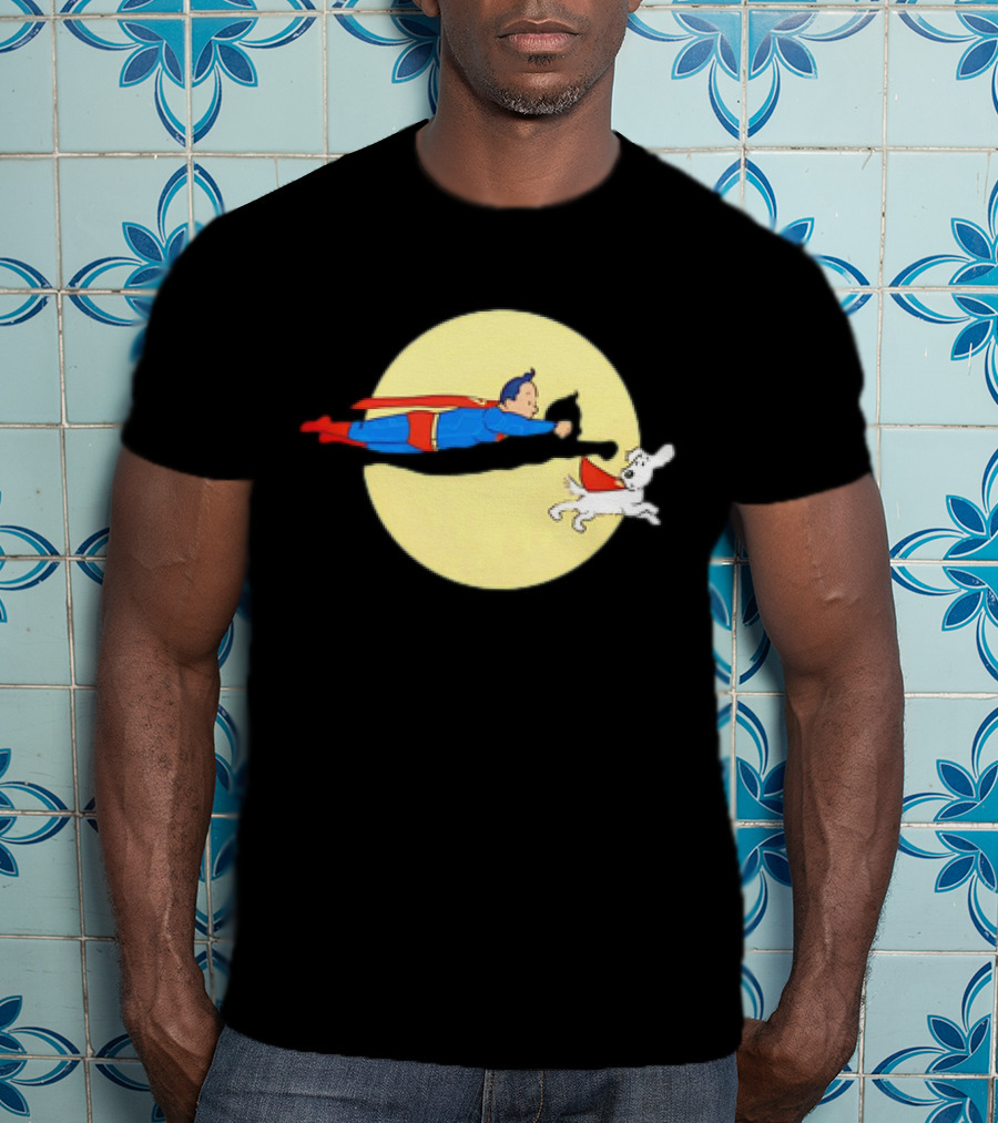Superman And Krypto X The Adventures Of Tintin Super Tintin Flying Duo Moon Background T-Shirt