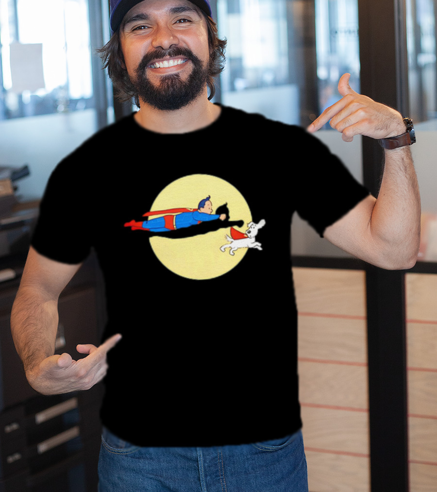 Superman And Krypto X The Adventures Of Tintin Super Tintin Flying Duo Moon Background T-Shirt