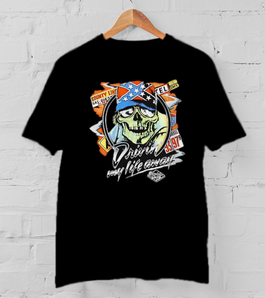 Driven My Life Away Thelma And Louise Skull With Route 66 County Line Symbols T-Shirt