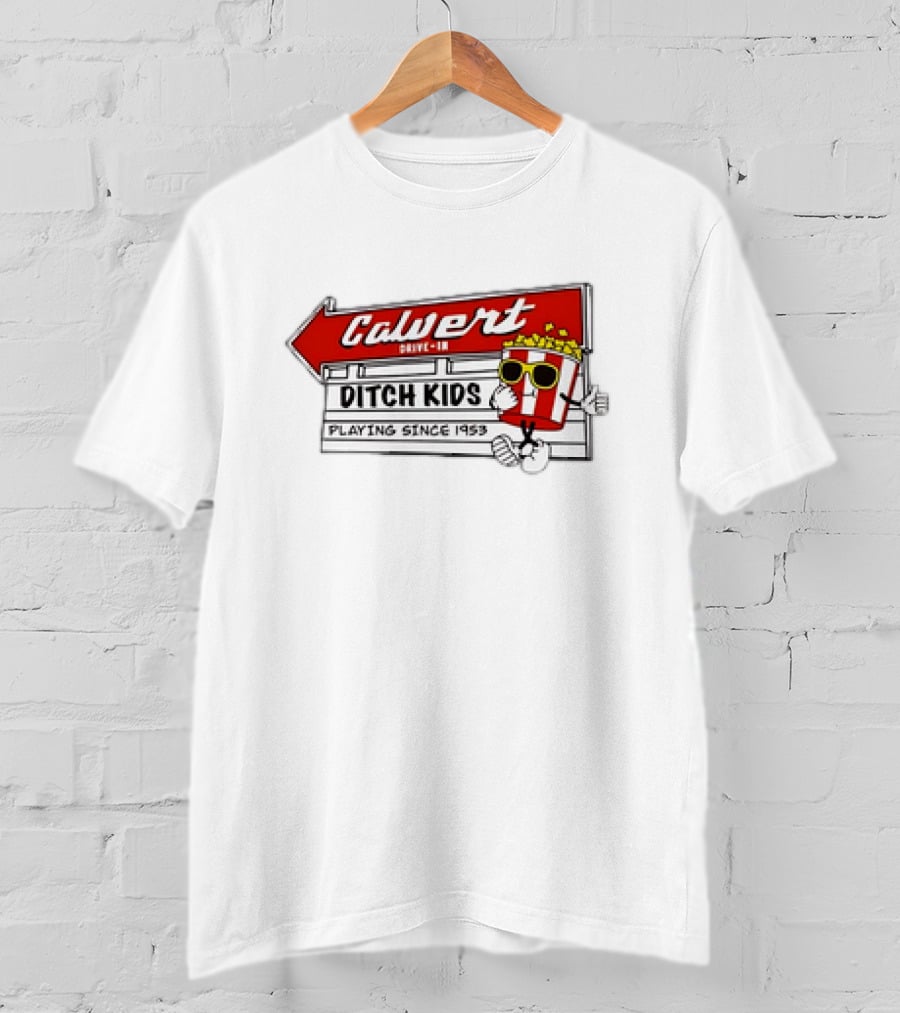 Calvert Drive-In Ditch Kids Playing Since 1953 Popcorn Character T-Shirt