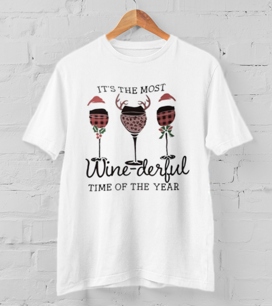 It's The Most Wine-derful Time Of The Year Christmas Wine Glasses With Santa Hats And Antlers T-Shirt