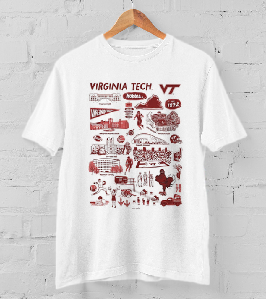 Virginia Tech Hokies VT 1872 Campus Map Lane Stadium Blacksburg Basketball Football HokieBird Burruss Hall Memorial Chapel Torgersen Bridge Monorail Library T-Shirt