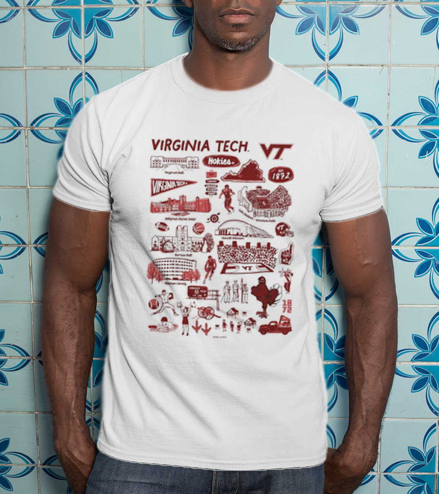 Virginia Tech Hokies VT 1872 Campus Map Lane Stadium Blacksburg Basketball Football HokieBird Burruss Hall Memorial Chapel Torgersen Bridge Monorail Library T-Shirt