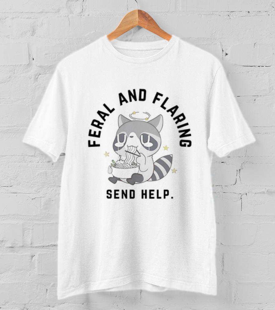 Feral And Flaring Raccoon Send Help Eating Noodles T-Shirt