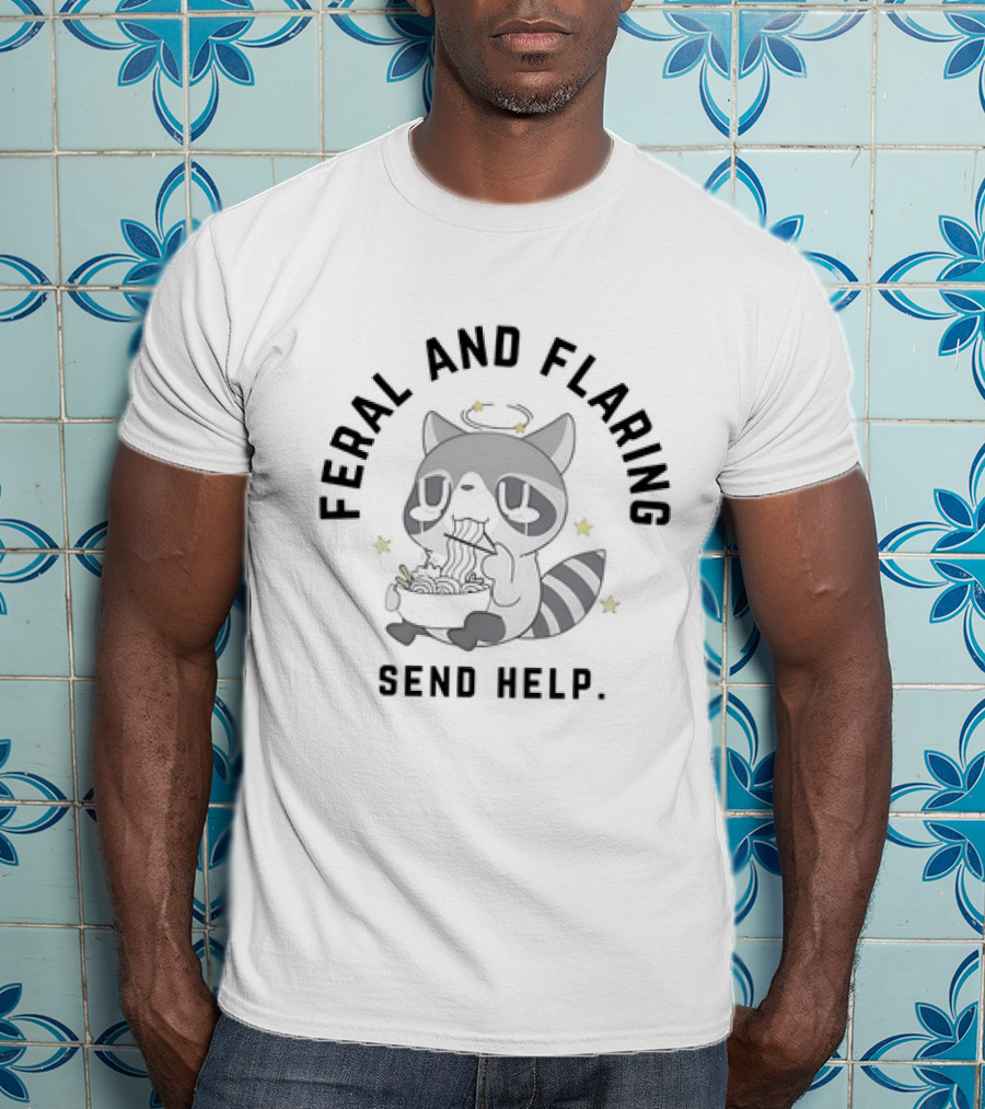 Feral And Flaring Raccoon Send Help Eating Noodles T-Shirt