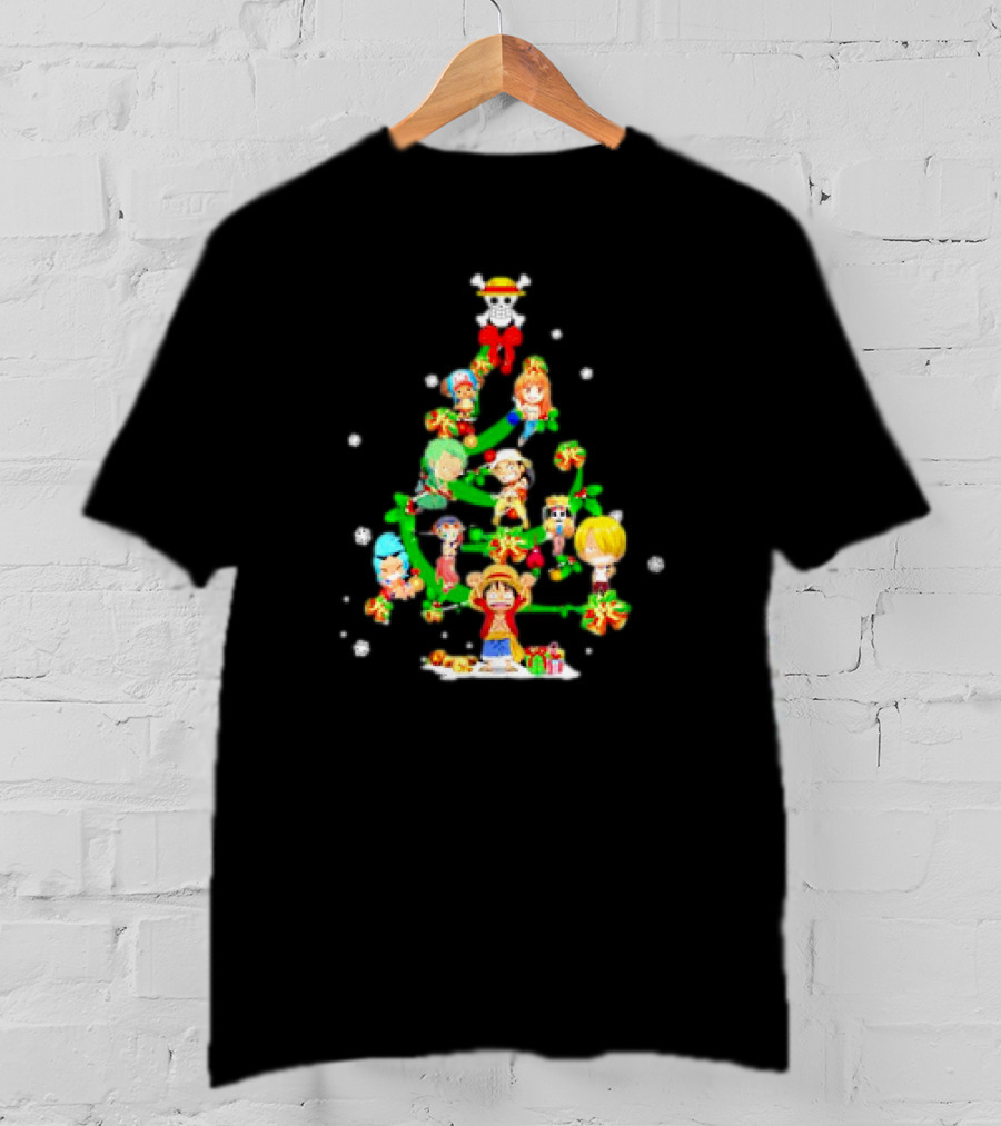 One Piece Chibi Characters Decorate Christmas Tree With Straw Hat Skull Topper T-Shirt