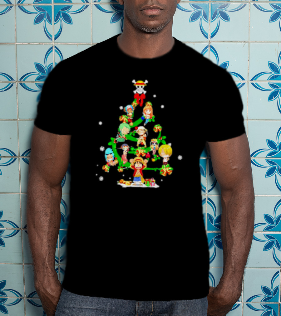 One Piece Chibi Characters Decorate Christmas Tree With Straw Hat Skull Topper T-Shirt