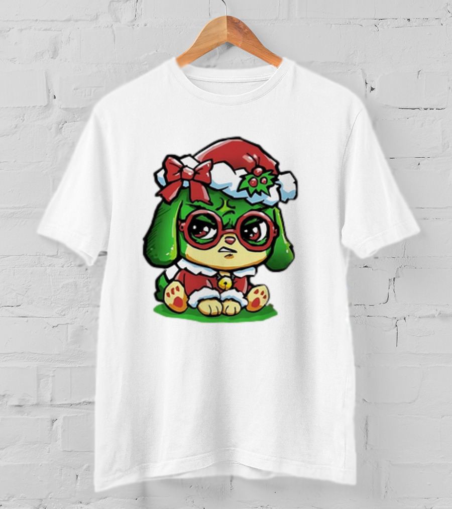 Grumpy Dog In Santa Hat With Holly And Bow For Christmas Holiday T-Shirt