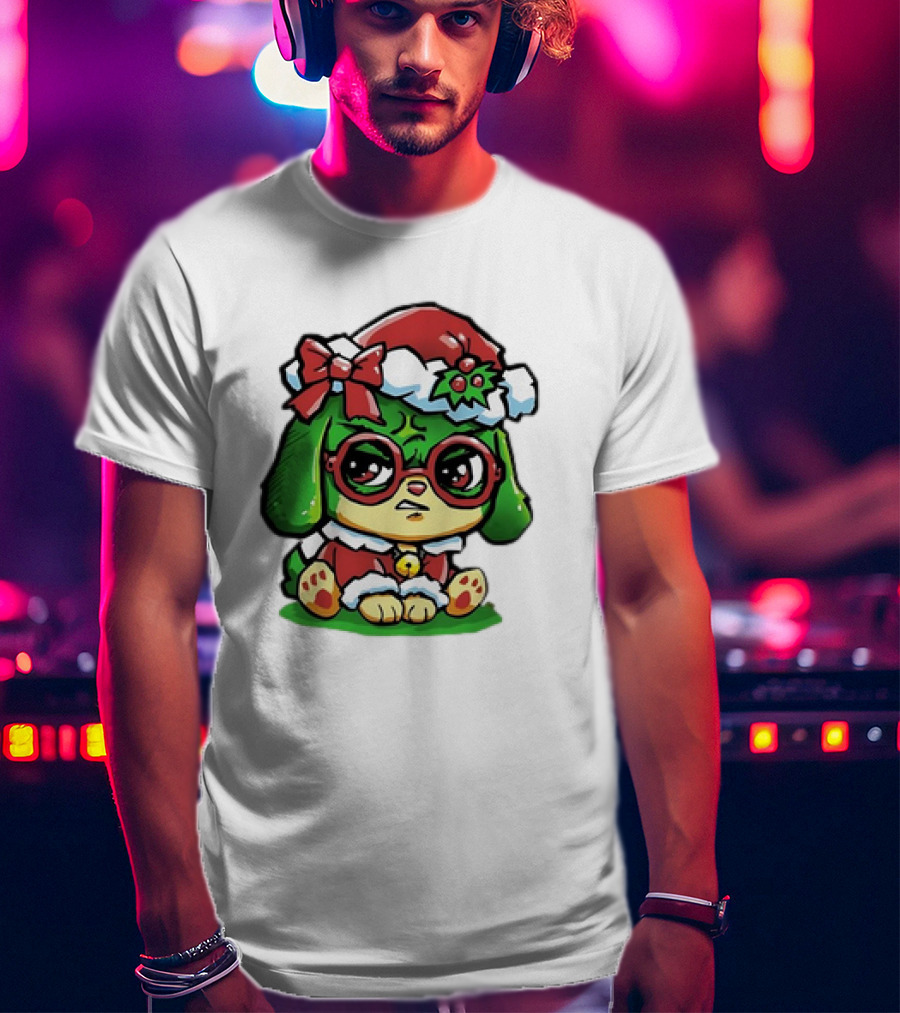 Grumpy Dog In Santa Hat With Holly And Bow For Christmas Holiday T-Shirt