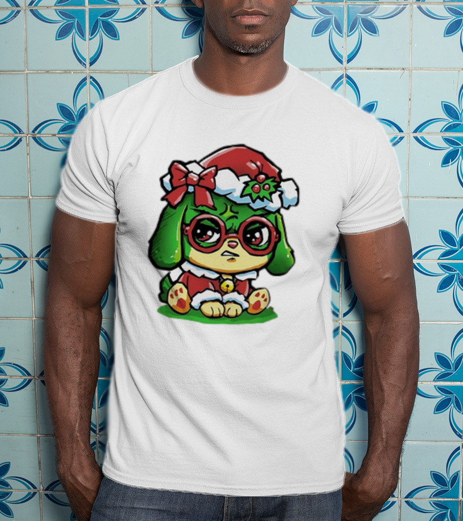 Grumpy Dog In Santa Hat With Holly And Bow For Christmas Holiday T-Shirt