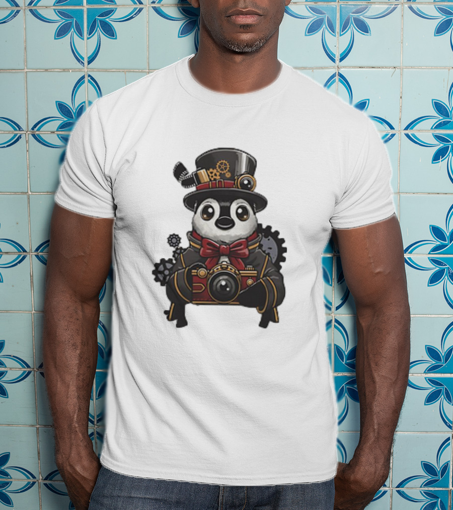 Steampunk Penguin Photographer With Gears And Vintage Camera T-Shirt