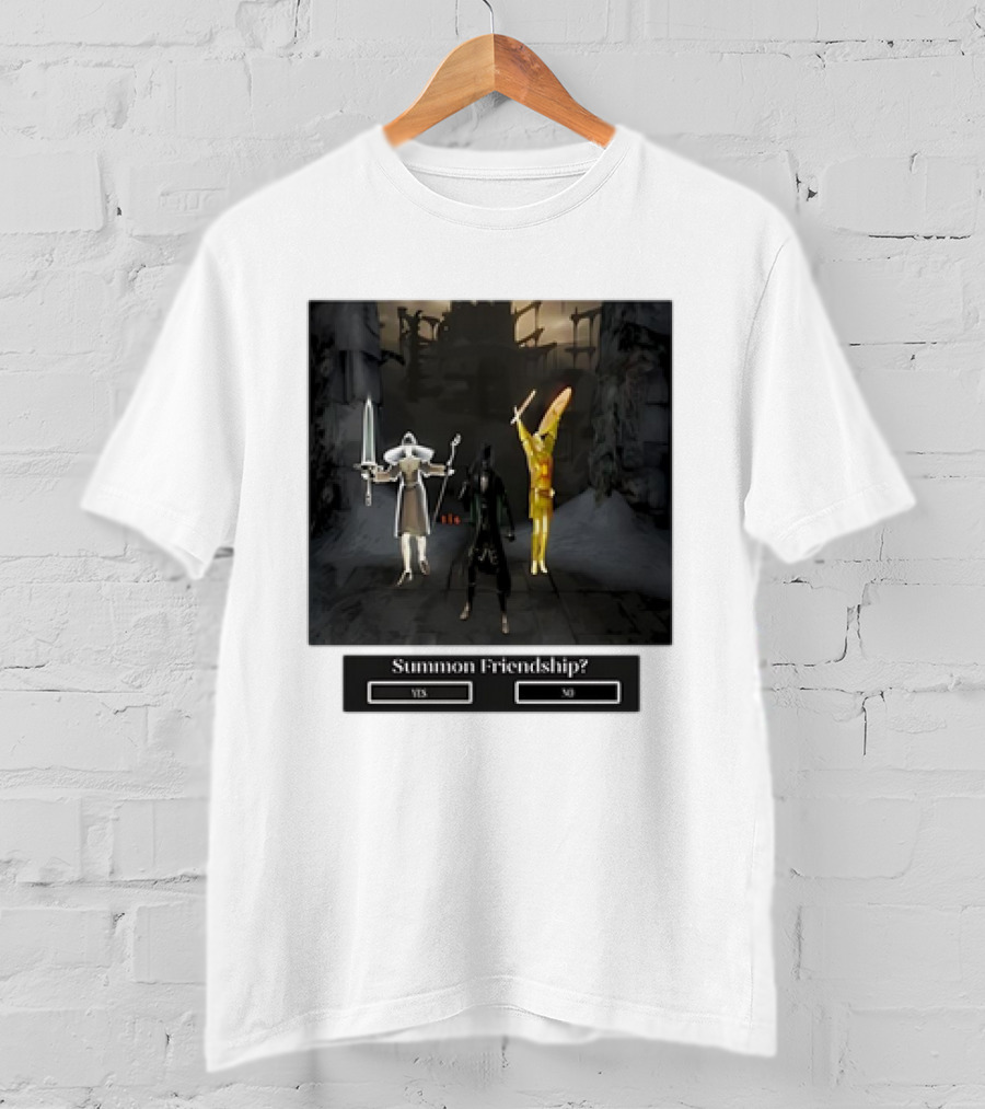 Summon Friendship? Yes No Characters With Swords And Wings T-Shirt