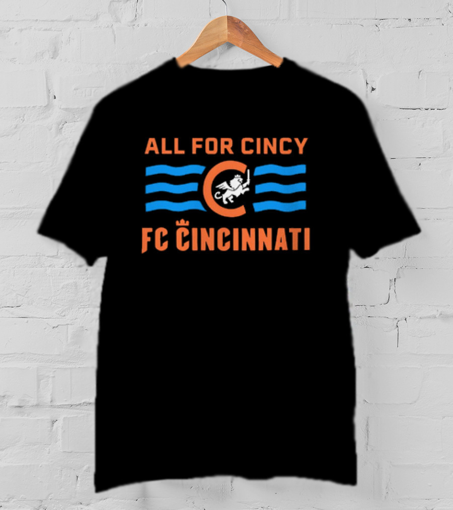 All For Cincy FC Cincinnati Winged Lion Logo With Blue Waves T-Shirt