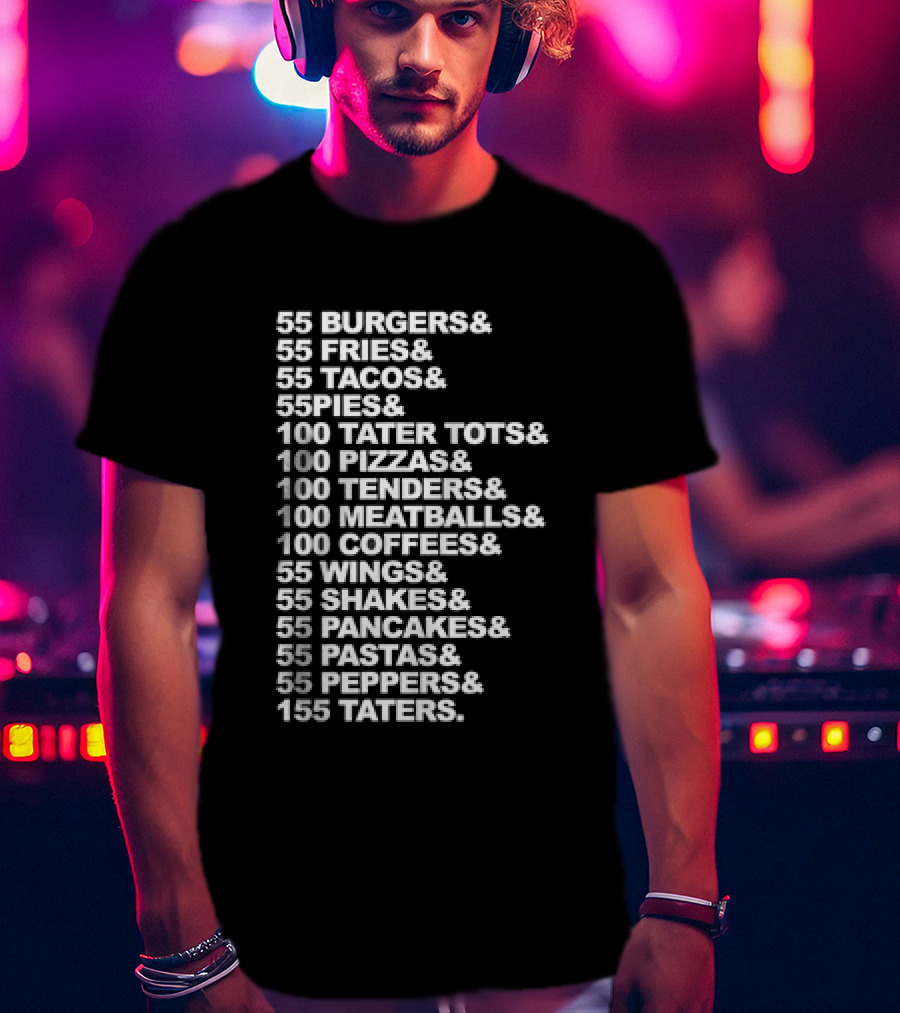 55 Burgers 55 Fries 55 Tacos 55 Pies 100 Tater Tots 100 Pizzas 100 Tenders 100 Meatballs 100 Coffees 55 Wings 55 Shakes 55 Pancakes 55 Pastas 55 Peppers 155 Taters T-Shirt