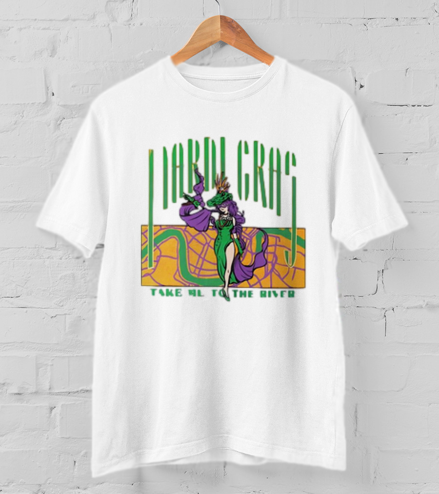 Mardi Gras Masked Dancer Take Me To The River With Map Background T-Shirt
