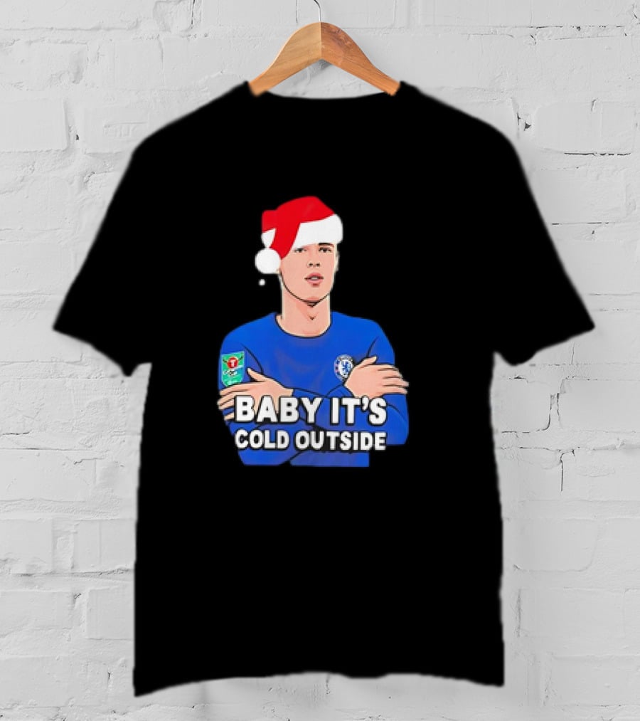 Baby It's Cold Outside Santa Hat Footballer In Blue T-Shirt