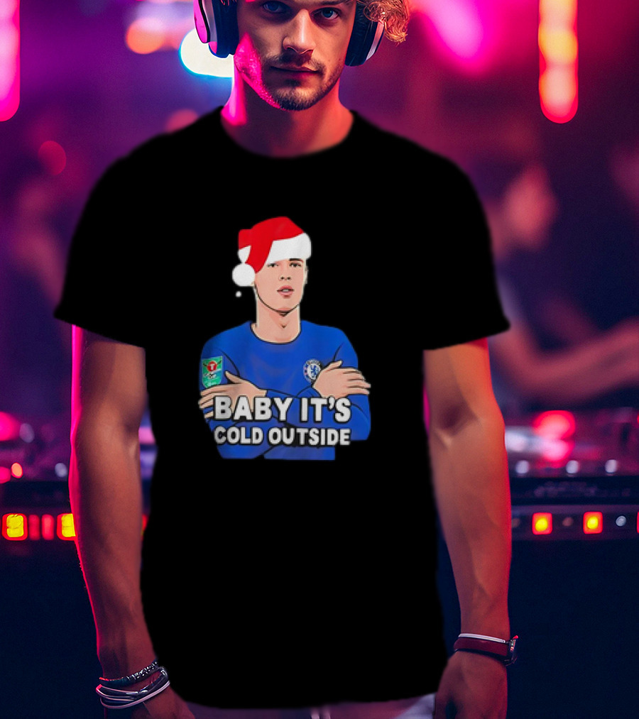 Baby It's Cold Outside Santa Hat Footballer In Blue T-Shirt