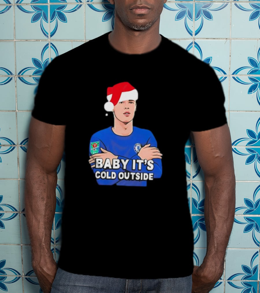 Baby It's Cold Outside Santa Hat Footballer In Blue T-Shirt