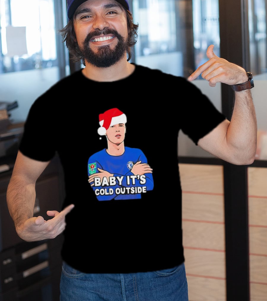 Baby It's Cold Outside Santa Hat Footballer In Blue T-Shirt