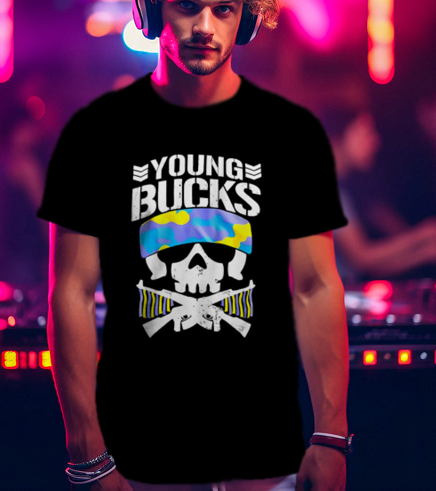 Young Bucks Skull With Camo Headband And Crossed Rifles T-Shirt