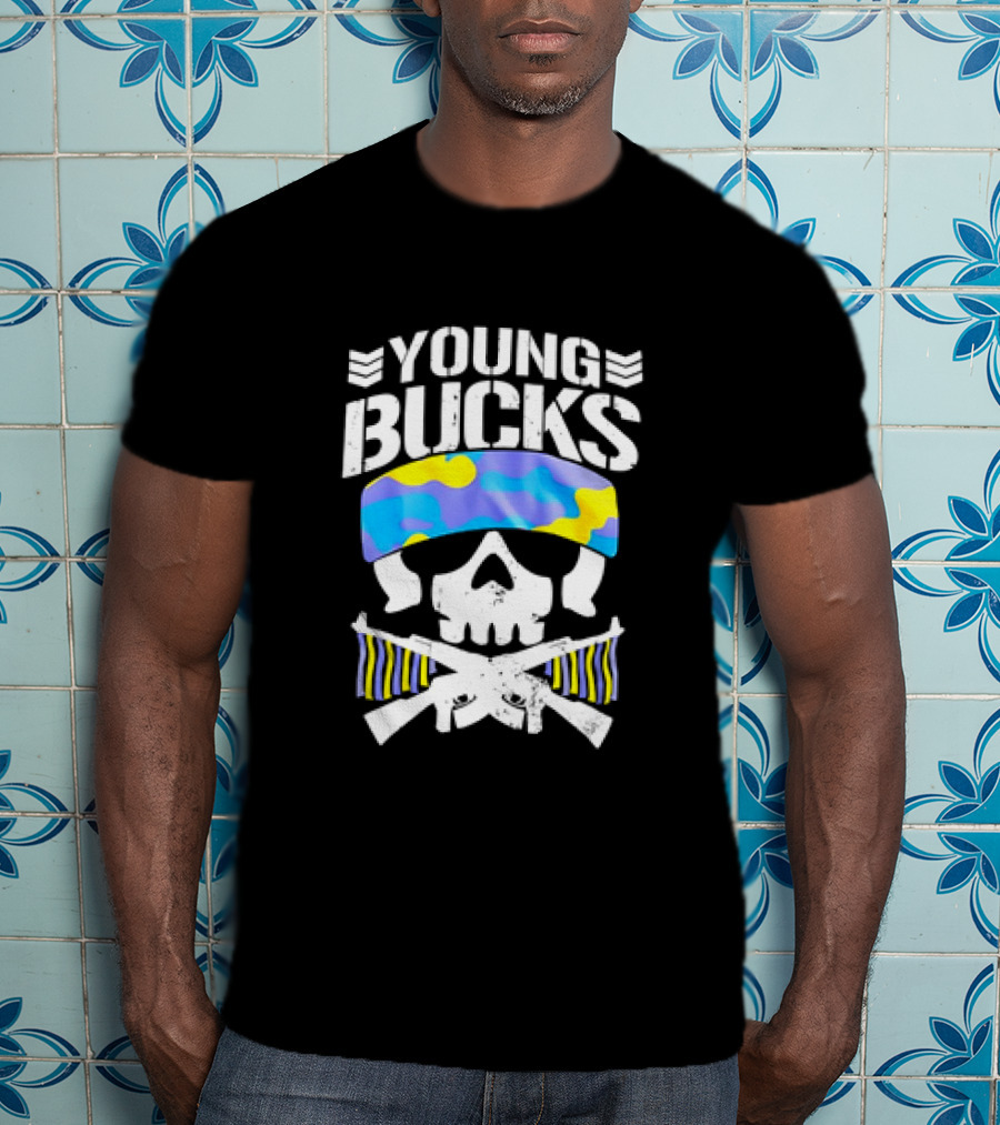 Young Bucks Skull With Camo Headband And Crossed Rifles T-Shirt
