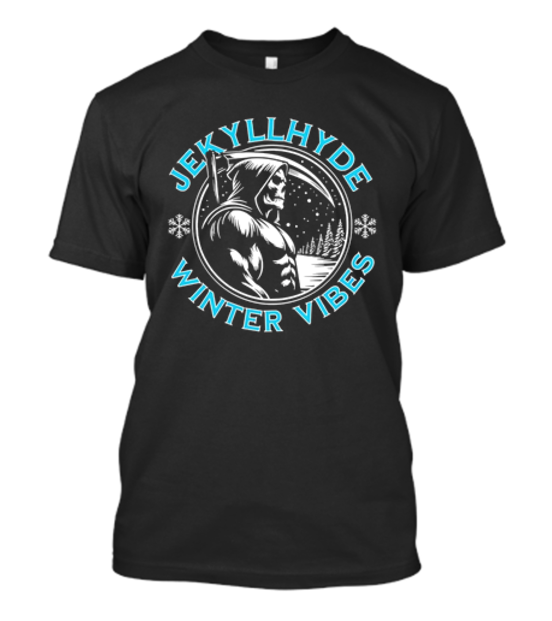 Jekyllhyde Winter Vibes Skeleton Hooded Figure Snowflakes Forest Scene T-Shirt