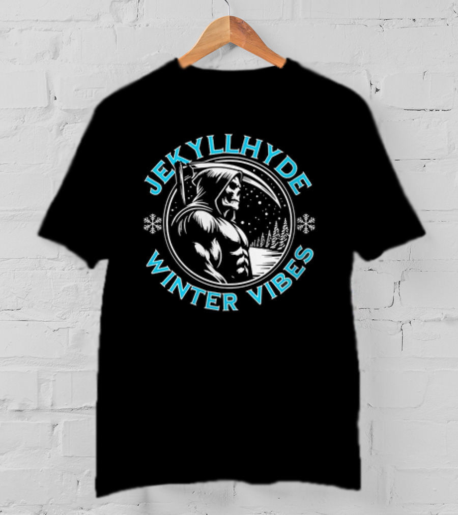 Jekyllhyde Winter Vibes Skeleton Hooded Figure Snowflakes Forest Scene T-Shirt