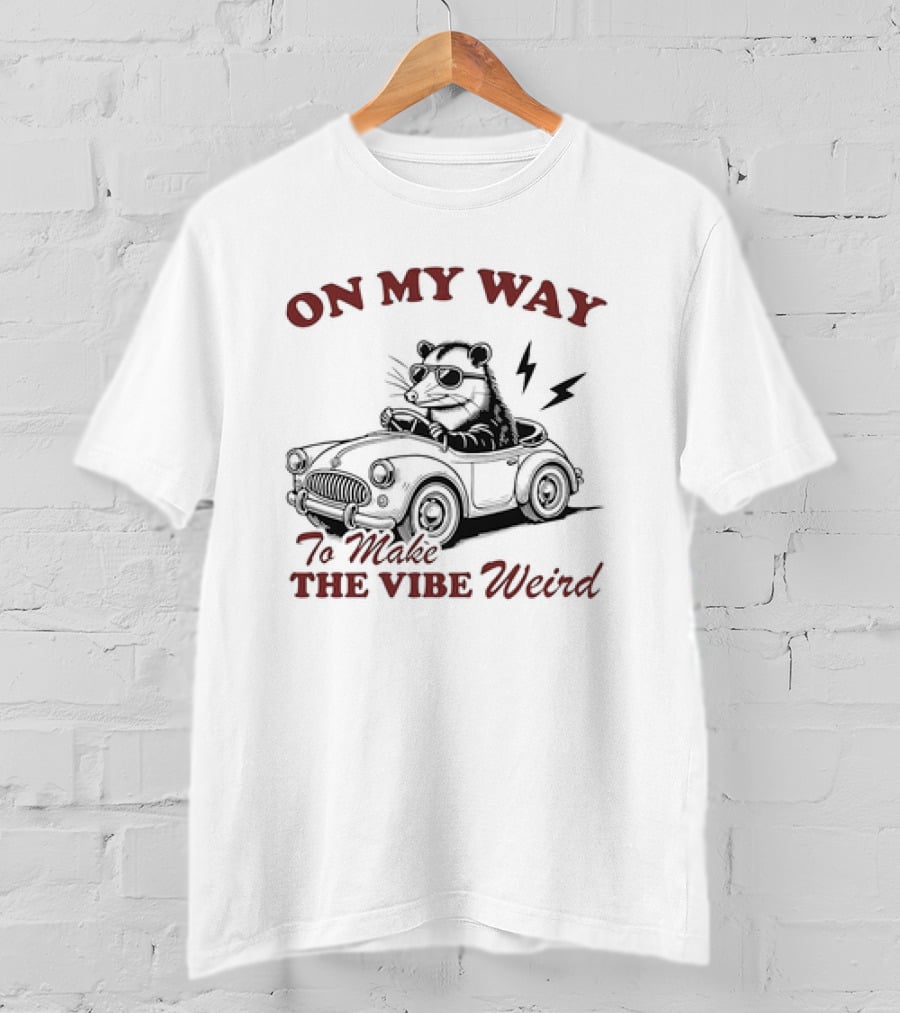 ON MY WAY TO MAKE THE VIBE WEIRD Opossum In Car With Sunglasses And Lightning Bolt T-Shirt