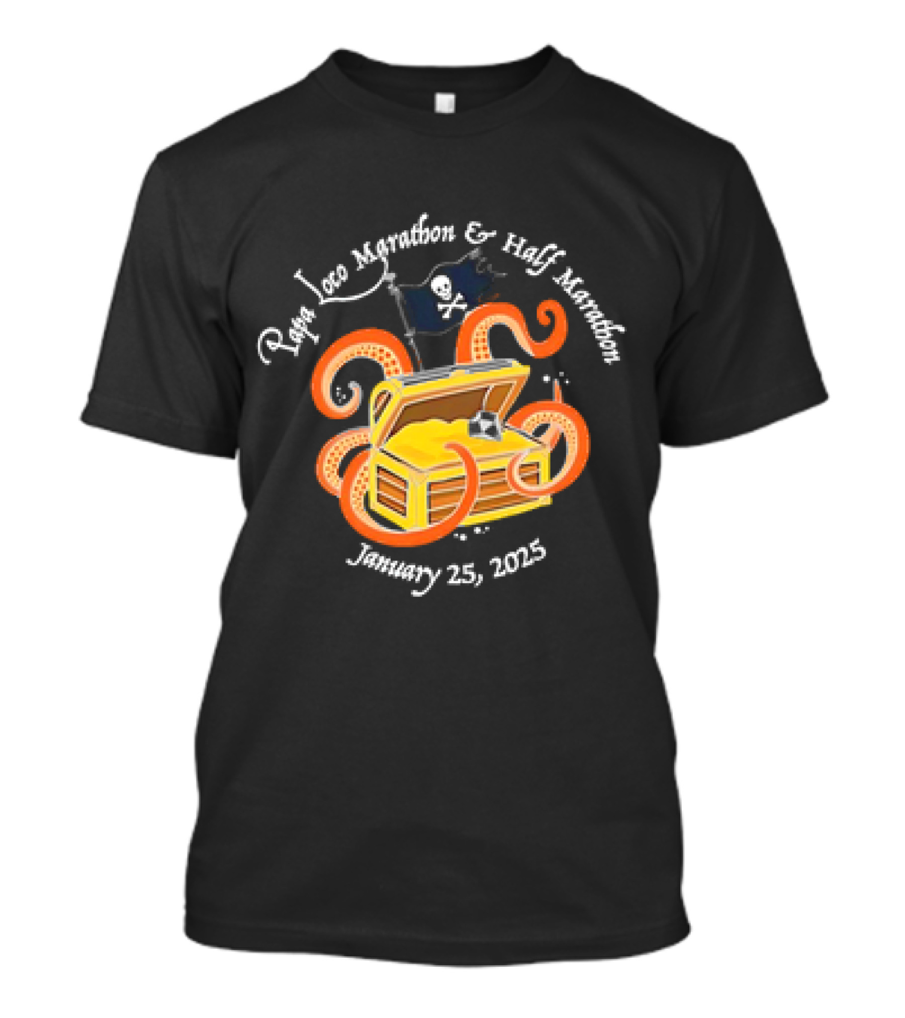 Papa Loco Marathon And Half Marathon January 25 2025 Pirate Treasure Chest With Octopus T-Shirt