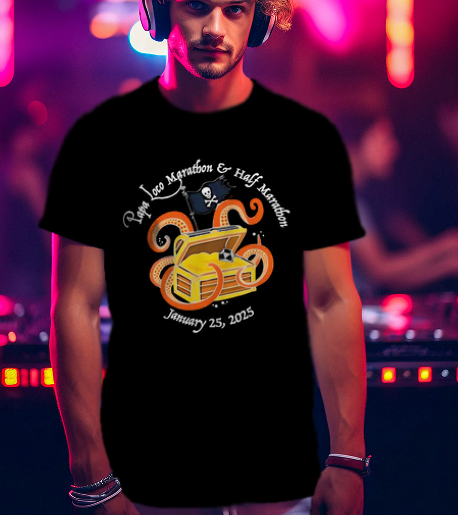 Papa Loco Marathon And Half Marathon January 25 2025 Pirate Treasure Chest With Octopus T-Shirt