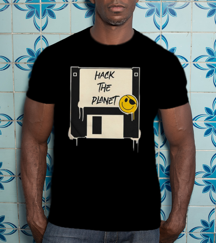 Hack The Planet Floppy Disk Smiley Face T-Shirt