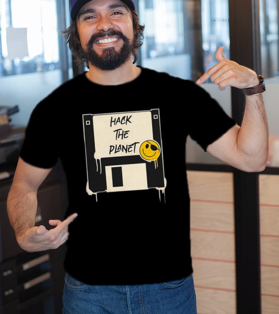 Hack The Planet Floppy Disk Smiley Face T-Shirt