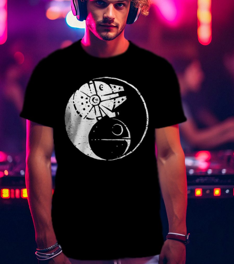 Millennium Falcon And Death Star Yin Yang Balancing The Force T-Shirt