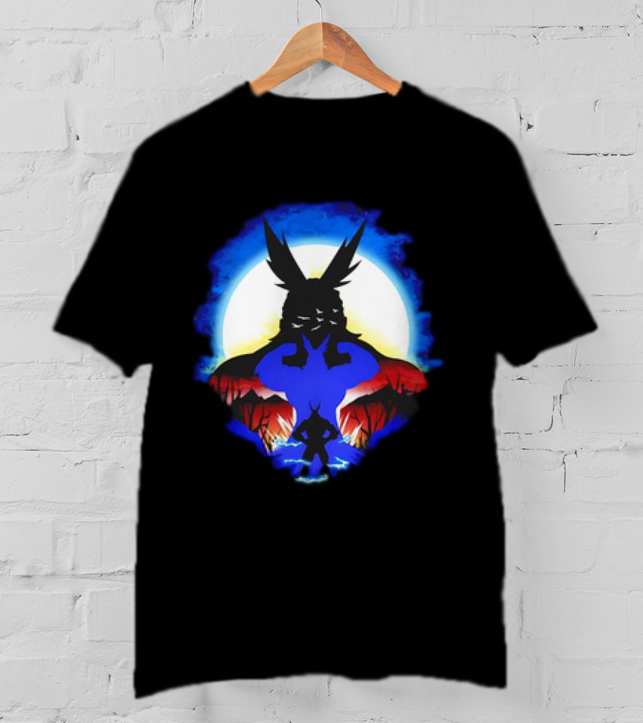 Midoriya And All Might Heroic Silhouettes In Vibrant Night Landscape T-Shirt