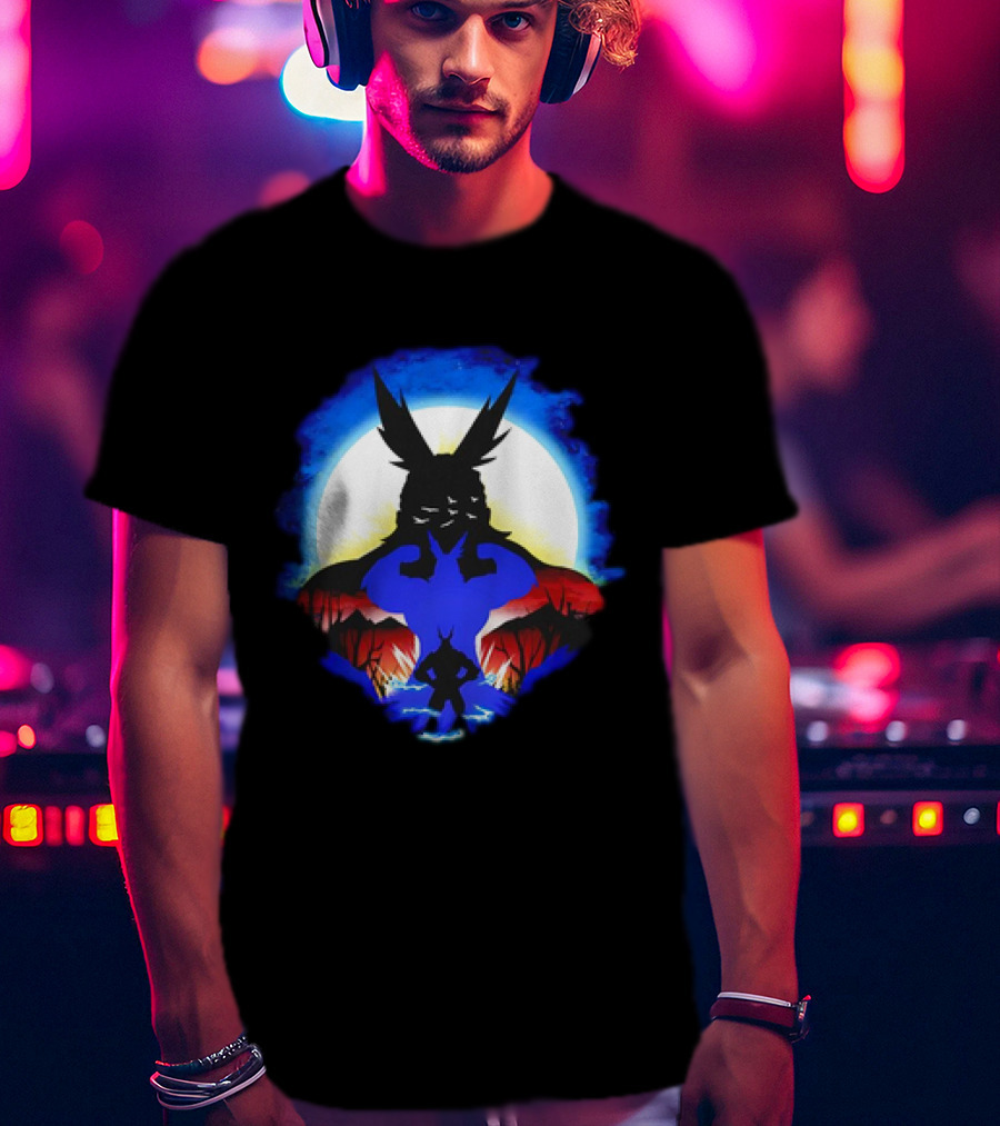 Midoriya And All Might Heroic Silhouettes In Vibrant Night Landscape T-Shirt