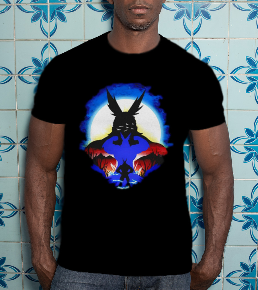 Midoriya And All Might Heroic Silhouettes In Vibrant Night Landscape T-Shirt