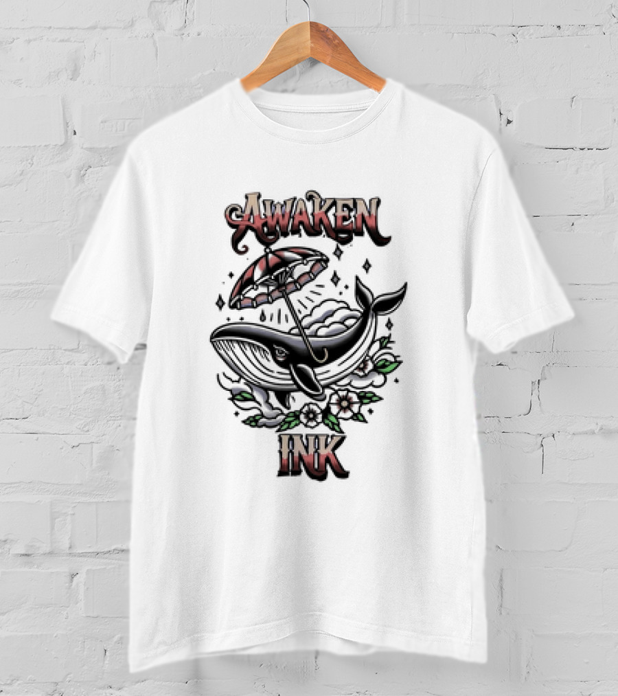 Awaken Ink Whale With Umbrella And Flowers T-Shirt