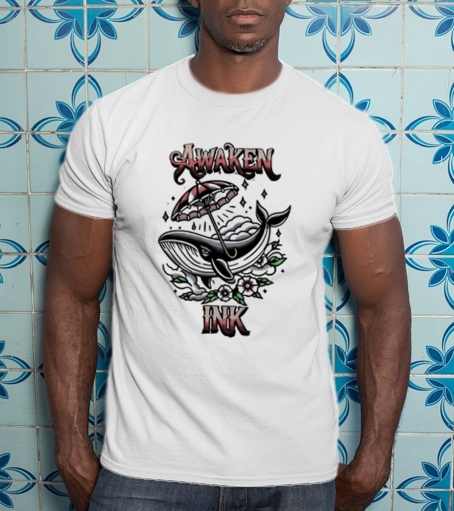 Awaken Ink Whale With Umbrella And Flowers T-Shirt