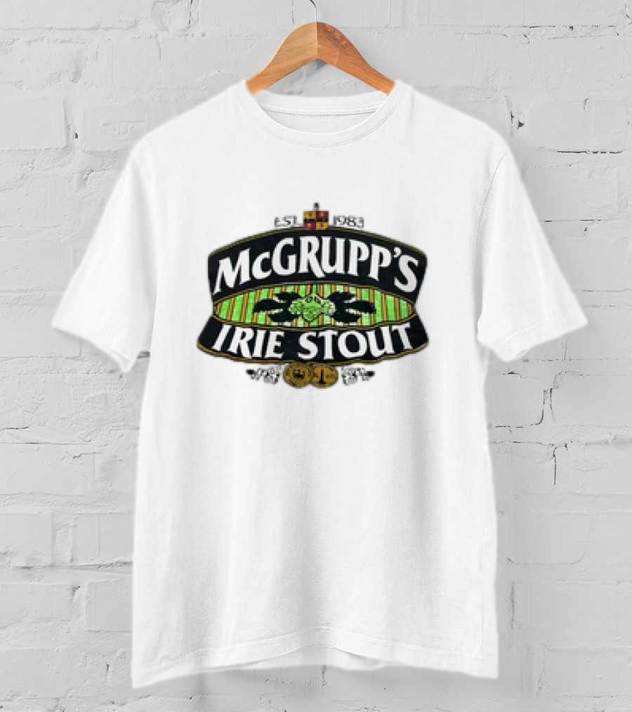 McGrupp's Irie Stout Est 1983 Logo With Green Striped Background And Emblem T-Shirt