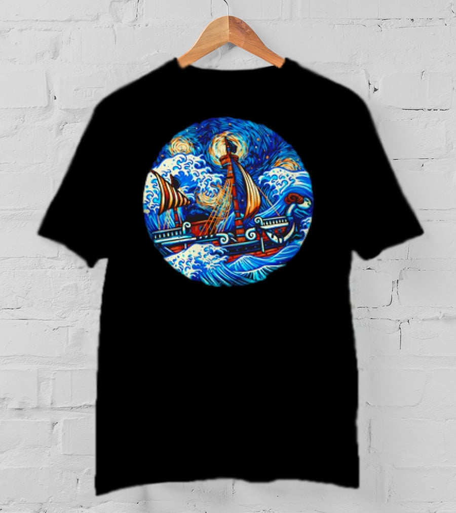Going Merry One Piece Pirate Ship Van Gogh Wave T-Shirt